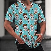 Day Of The Dead Mens Graphic Shirt Summer Hawaiian Floral Skull Prints Turndown Black Blue Casual Holiday Short Sleeve Button Clothing Apparel Sugar Skulls And Roses Cotton Button-Down4
