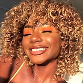 baratos Perucas de Qualidade Superior-Peruca afro encaracolada curta com franja perucas encaracoladas afro kinky para mulheres negras sem cola peruca cheia sintética resistente ao calor perucas de substituição encaracoladas macias