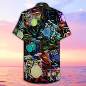 billiga Musik och gitarrer-Herr Trumma Skjorta Hawaii skjorta Knapp upp skjorta Kortärmad Tropisk Mode Hawaiisk Ledigt Hawaiisk Helgdag Sommar Vår Nedvikt Mönster Button-Down Svart Purpur Grön
