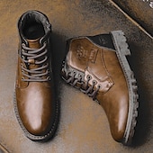 cheap Work Boots-Men&#039;s Brown Faux Leather Ankle Boots – Rugged Lace-Up Work Boots with Non-Slip Sole for Outdoor &amp; Casual Wear
