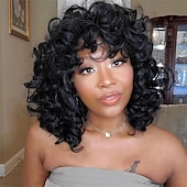 baratos Perucas de Qualidade Superior-Peruca afro encaracolada curta com franja perucas encaracoladas afro kinky para mulheres negras sem cola peruca cheia sintética resistente ao calor perucas de substituição encaracoladas macias