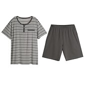 baratos Pijamas-Homens Loungewear Conjunto de Pijama Top e shorts de pijama 1conjunto Listra à moda Casual Casa Diário De Cama Algodão Respirável Macio Gola Redonda Manga Curta Camiseta Calção Cintura elástica