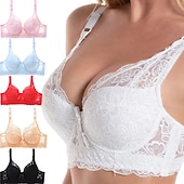 abordables Sujetadores y bralettes-Sujetadores de encaje para mujer, sujetadores acolchados, sujetadores con aros, tirantes desmontables, copa 3/4, escote en V, transpirables, push up, encaje, color puro, gancho&amp;amp;Conjuntos casuales