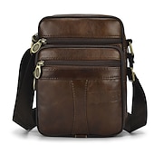 cheap Men&#039;s Bags-Men’s Brown Leather Crossbody Bag with Multiple Zipper Pockets and Adjustable Strap, Vintage Small Shoulder Bag for Travel, Work and Daily Use