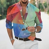 economico Geometrica-Per uomo Geometrica Geometria Camicia Camicia con bottoni Manica lunga Di tendenza Originale Informale Esterno Informale Giornaliero Autunno inverno Collo ripiegabile Stampa Bottone giù Giallo Verde