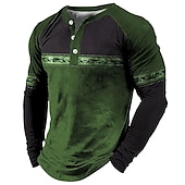 billige Etnisk stil-Herre Grafisk Fargeblokk Bohemsk Henly-skjorte T-skjorter Langermet 3D-utskrift Mote Designer Bekvem utendørs Avslappet Daglig Vår &amp; Vinter Blå Rød Brun Grønn Henley Henley T-skjorte