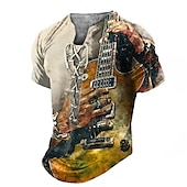 olcso Vintage pólók-Férfi Henley ing Pólók Grafika Gitár Henley Ruházat 3D nyomtatás Napi Sport Rövid ujjú Fűzős Nyomtatott Divat Stílusos Szüret Alkalmi