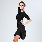 cheap Tops &amp; Sets-Latin Dance Skirts Ruching Hollow-out Pure Color Women's Performance Training Half Sleeve High Polyester