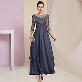 levne Délka podlahy-Šaty matky nevěsty svatební hosté elegantní jednoduchý šperkový výstřih kotníková délka chiffon krajka 3/4 délka rukáv s záhyby flitry zdarma na zakázku