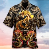 voordelige Dierenprint-Voor heren Draak Overhemd Overhemd met knopen Korte mouw Tropisch Modieus Hawaii Casual Feestdagen Strand Zomer Lente Strijkijzer Afdrukken Button-omlaag Zwart Wit Bruin Khaki