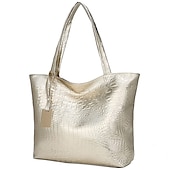 baratos Malas com Alça-bolsa tote feminina prateada com relevo de crocodilo | bolsa de ombro de couro sintético de grande capacidade para uso diário e no escritório – elegante e versátil
