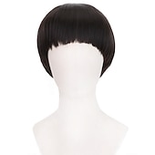preiswerte Herrenperücken-kurze schwarze Cosplay Perücke der 1960er Jahre Männer synthetische Schüssel geschnitten Pilzhaar Anime Perücken für Filmparty Halloween Weihnachtskostüm Perücke