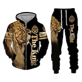 economico Set di Felpe 3D da Uomo-Per uomo Grafico Leone 2 pezzi Set di felpe 3D Felpa con Cappuccio Tuta Manica Lunga Pantaloni lunghi Con Cappuccio Streetwear Designer Essenziale Sport &amp; Outdoor Casuale Sportivo Cerniera Primavera