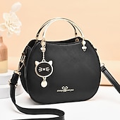 cheap Handbag &amp; Totes-Women&#039;s Black Faux Leather Handbag with Gold Cat Charm and Metal Handle - Stylish Crossbody for Casual or Formal Use