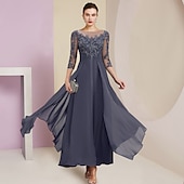 levne Délka podlahy-Šaty matky nevěsty svatební hosté elegantní jednoduchý šperkový výstřih kotníková délka chiffon krajka 3/4 délka rukáv s záhyby flitry zdarma na zakázku