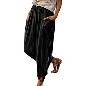 preiswerte Schlichte Hose aus Baumwollleinen-Damenhose aus Baumwollleinen mit Seitentaschen, weites Bein, locker lässig, Sommer, Herbst, Weiß, Hellblau, S, 2XL