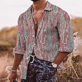 preiswerte Ethnisches Muster-Herren Blumen Hemd Boho-Shirt Langarm Tropisch Sport Strassenmode Outdoor Casual Täglich Herbst Winter Umlegekragen Bedruckt Button-Down Schwarz Rosa Marineblau Blau Purpur