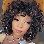 baratos Perucas de Qualidade Superior-Peruca afro encaracolada curta com franja perucas encaracoladas afro kinky para mulheres negras sem cola peruca cheia sintética resistente ao calor perucas de substituição encaracoladas macias