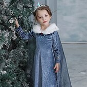 preiswerte Märchen-Motto-Kleider-Kindermädchenkleid Schneeflocke Langarm Performance Party süßes Baumwoll-Midikleid in A-Linie Herbst Winter 3–10 Jahre Marineblau