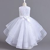 abordables Robes à Fleurs pour Filles-Robe de Demoiselle d&#039;Honneur Fille Fille Robe Robe de fête Utilisation Mariage Soirée Elégant Princesse Paillettes Maille Paillette Sans Manches Col Ras du Cou Blanche Rouge 3-13 ans