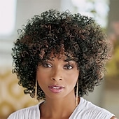 baratos Perucas de Qualidade Superior-Peruca afro encaracolada curta com franja perucas encaracoladas afro kinky para mulheres negras sem cola peruca cheia sintética resistente ao calor perucas de substituição encaracoladas macias