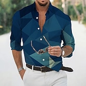 economico Geometrica-Per uomo Geometrica Geometria Camicia Camicia con bottoni Manica lunga Di tendenza Originale Informale Esterno Informale Giornaliero Autunno inverno Collo ripiegabile Stampa Bottone giù Giallo Verde