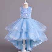 abordables Robes à Fleurs pour Filles-Robe de Demoiselle d&#039;Honneur Fille Fille Robe Robe de fête Utilisation Mariage Soirée Elégant Princesse Paillettes Maille Paillette Sans Manches Col Ras du Cou Blanche Rouge 3-13 ans