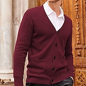 billiga cardigan tröja för män-Herr Tröja Cardigan Tröja Ribbad Sticka Stickat Slät V-hals Mode Ledigt Sport Dagliga kläder Kläder Vår &amp; Höst Vinrött Svart M L XL