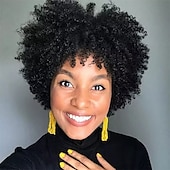 baratos Perucas de Qualidade Superior-Peruca afro encaracolada curta com franja perucas encaracoladas afro kinky para mulheres negras sem cola peruca cheia sintética resistente ao calor perucas de substituição encaracoladas macias