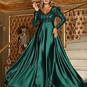 abordables Robes de fête-Robe de soirée formelle scintillante en forme de A, rouge et vert, col en V, manches longues, traîne avec paillettes 2025
