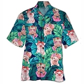 billiga Fåglar &amp; Djur-Herr Blommig Tropisk Gris Skjorta Hawaii skjorta Aloha skjorta Kortärmad Skjorta Nedvikt Tropisk Mode Hawaiisk Ledigt Hawaiisk Helgdag Blå S M L