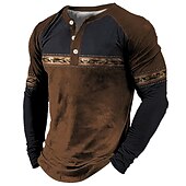 billige Etnisk stil-Herre Grafisk Fargeblokk Bohemsk Henly-skjorte T-skjorter Langermet 3D-utskrift Mote Designer Bekvem utendørs Avslappet Daglig Vår &amp; Vinter Blå Rød Brun Grønn Henley Henley T-skjorte