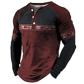 billige Etnisk stil-Herre Grafisk Fargeblokk Bohemsk Henly-skjorte T-skjorter Langermet 3D-utskrift Mote Designer Bekvem utendørs Avslappet Daglig Vår &amp; Vinter Blå Rød Brun Grønn Henley Henley T-skjorte