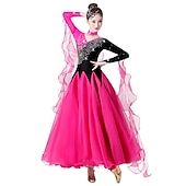 cheap Competition Wear-Ballroom Dance Dress Embroidery Splicing Crystals / Rhinestones Women&#039;s Performance Training Long Sleeve Spandex Organza