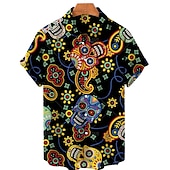 cheap Retro Vintage Print-Men&#039;s Floral Skull Shirt Summer Hawaiian Shirt Aloha Shirt Short Sleeves Shirt Turndown Tropical Fashion Hawaiian Street Casual Hawaiian Black Yellow Red S M L