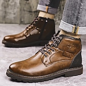 cheap Work Boots-Men&#039;s Brown Faux Leather Ankle Boots – Rugged Lace-Up Work Boots with Non-Slip Sole for Outdoor &amp; Casual Wear
