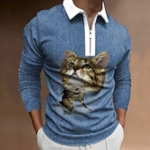 voordelige Polo met dierenprint voor heren-Voor heren Kat Poloshirts met rits Golfshirt Lange mouw Poloshirt Overhemden met kraag Casual Grappig Streetwear Vakantiekleding Feestoutfits 3D-afdrukken Polo met kwartrits Zwart blauw White + Gray