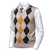cheap Men&#039;s Pullover Sweater-Men&#039;s Sweater Sweater Vest Pullover Ribbed Knit Knitted Plaid V Neck Stylish Casual Daily Wear Vacation Clothing Apparel Spring &amp;  Fall Camel Black S M L