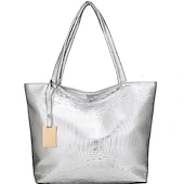 baratos Malas com Alça-bolsa tote feminina prateada com relevo de crocodilo | bolsa de ombro de couro sintético de grande capacidade para uso diário e no escritório – elegante e versátil
