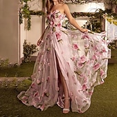 billige Lange kjoler / kjoler-Strandbryllup A-Line prom kjoler blomster kjole bryllupsgjest bryllupsfest hoff tog ermeless strapless organza med splitt applikasjoner