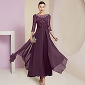 levne Délka podlahy-Šaty matky nevěsty svatební hosté elegantní jednoduchý šperkový výstřih kotníková délka chiffon krajka 3/4 délka rukáv s záhyby flitry zdarma na zakázku