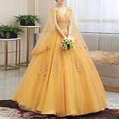 ieftine Rochii de Banchet-Rochie de Bal Quinceanera Rochii de Prințesă Rochie Roșie Verde Rochie Sweet 16 Lungime la Podea Mâneca Scurtă V Gât Tulle cu Aplicații pentru a impresiona