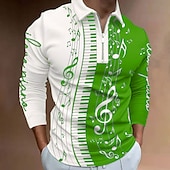 baratos Polo de música masculino-Festival de Música Homens Música Camisas Polo com zíper Camisa de golfe Manga Longa Camisas polo Camisas de colarinho Casual Roupas de férias Roupas para festivais Trajes de festa Impressão 3D Polo