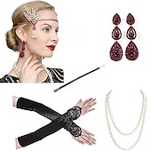 baratos Vestidos dos anos 1920-Conjunto Loucos anos 20 Anos 20 Até o Tornozelo Vestidos Vestido de Festa Roupa com acessórios Mangas curtas O Grande Gatsby Tamanhos Grandes Convidado do casamento Franjas Franjas Decote V Fantasia