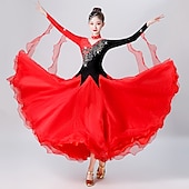 cheap Competition Wear-Ballroom Dance Dress Embroidery Splicing Crystals / Rhinestones Women&#039;s Performance Training Long Sleeve Spandex Organza