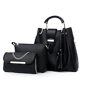 cheap Bag Sets-Women&#039;s 3-Piece Handbag Set - Pink Faux Leather Tote, Shoulder Bag, and Chain Clutch with Tassel Detail for Elegant and Casual Use