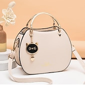 cheap Handbag &amp; Totes-Women&#039;s Black Faux Leather Handbag with Gold Cat Charm and Metal Handle - Stylish Crossbody for Casual or Formal Use