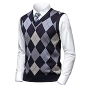 baratos colete de camisolas masculinas-Homens Suéter Colete de moletom Suéteres sociais masculinos Pulôver Estriado Tricotar Tricotado Xadrez Decote V à moda Casual Roupa Diária Férias Roupa Primavera &amp; Outono Camelo Vinho M L XL