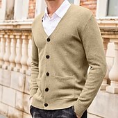 billiga cardigan tröja för män-Herr Tröja Cardigan Tröja Ribbad Sticka Stickat Slät V-hals Mode Ledigt Sport Dagliga kläder Kläder Vår &amp; Höst Vinrött Svart M L XL