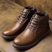 cheap Work Boots-Men&#039;s Brown Faux Leather Ankle Boots – Rugged Lace-Up Work Boots with Non-Slip Sole for Outdoor &amp; Casual Wear